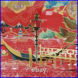 Ancien plateau rouge nacre verre metal art deco decor japonisant oiseau fleur