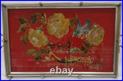 Ancien plateau rouge nacre verre metal art deco decor japonisant oiseau fleur