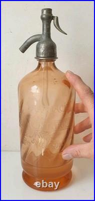 Ancien siphon pharmacie j montarou verre rose saumon art deco nouveau 1900