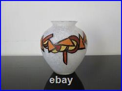 Ancien vase Art Deco en verre dégagé à l'acide et émaillé signé Legras