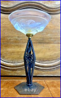 Ancienne Lampe Art Deco 1930 Fer Forge Verrerie Poissons Opalescente Ezan