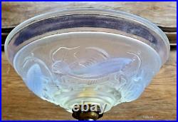 Ancienne Lampe Art Deco 1930 Fer Forge Verrerie Poissons Opalescente Ezan