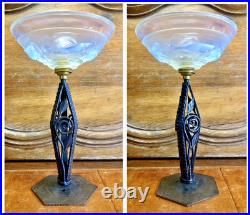 Ancienne Lampe Art Deco 1930 Fer Forge Verrerie Poissons Opalescente Ezan