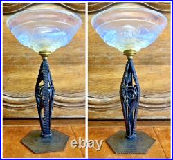 Ancienne Lampe Art Deco 1930 Fer Forge Verrerie Poissons Opalescente Ezan