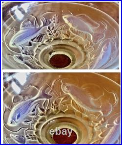 Ancienne Lampe Art Deco 1930 Fer Forge Verrerie Poissons Opalescente Ezan