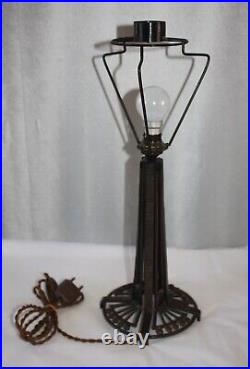 Ancienne Lampe Art Deco / Pied Fer Forge Verre Marmoreen Avec Pampilles
