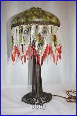 Ancienne Lampe Art Deco / Pied Fer Forge Verre Marmoreen Avec Pampilles