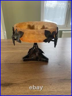 Ancienne coupe en verre marmoréen et fer forgé art déco signé Degué