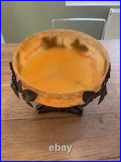 Ancienne coupe en verre marmoréen et fer forgé art déco signé Degué