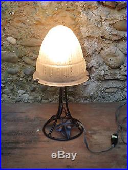 Ancienne lampe fer forgé et abat jour verre Muller Frères Luneville french lamp