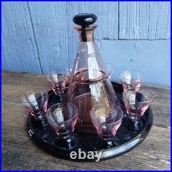 Art Deco Liqueur Set Pink Purple Service à Liqueur Art Deco Rare Rose Violet