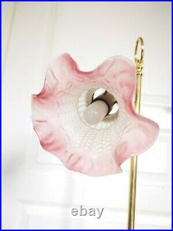 Art Déco Magnifique Lampe Tulipe En Laiton Tête Réglable H. 60cm Verre Bord Rose