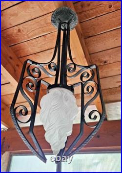 Art Deco Suspension Fer Forge Tulipe Flamme Verre Moule A Electrifier