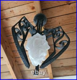 Art Deco Suspension Fer Forge Tulipe Flamme Verre Moule A Electrifier
