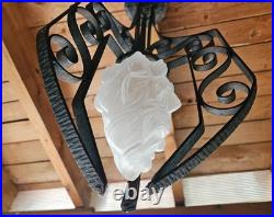 Art Deco Suspension Fer Forge Tulipe Flamme Verre Moule A Electrifier