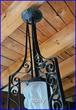Art Deco Suspension Fer Forge Tulipe Flamme Verre Moule A Electrifier