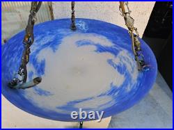 Art Deco Suspension Vasque Pate De Verre Bleue Lavande Signee Noverdy France