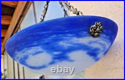 Art Deco Suspension Vasque Pate De Verre Bleue Lavande Signee Noverdy France