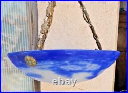 Art Deco Suspension Vasque Pate De Verre Bleue Lavande Signee Noverdy France