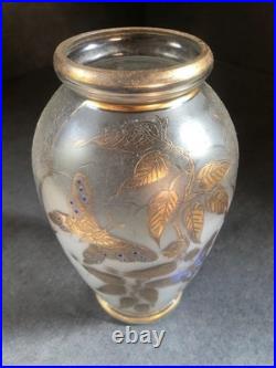 Art Deco Vase Signed ADAT -Master Glassmaker Frosted Glass Gold Butterflies