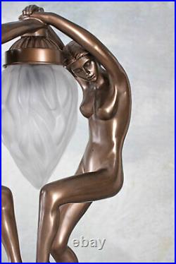 Art Déco lampe de table abat-jour en verre danseurs nus sculpture de femme neuf