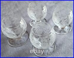 BACCARAT Fontenay 4 verres art déco à liqueur / saké Cristal gravé de roses