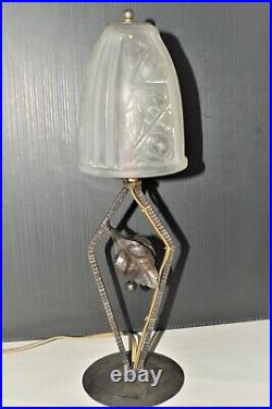 BELLE LAMPE A POSER ART DECO TULIPE VERRE MOULE décor ROSES PIED FER Forgé XX