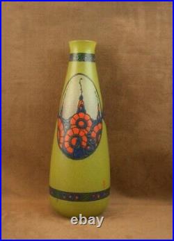 Beau Vase Art Deco En Verre Emaillé Signé Leune