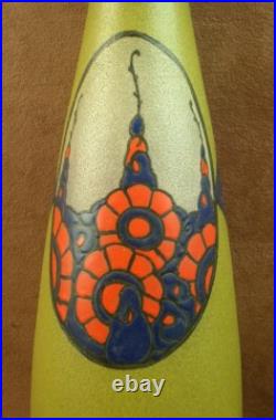 Beau Vase Art Deco En Verre Emaillé Signé Leune