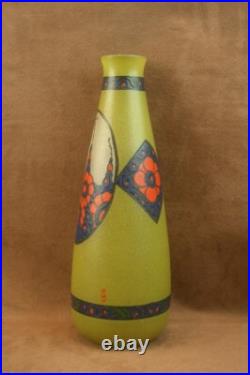Beau Vase Art Deco En Verre Emaillé Signé Leune