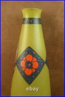 Beau Vase Art Deco En Verre Emaillé Signé Leune