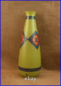 Beau Vase Art Deco En Verre Emaillé Signé Leune
