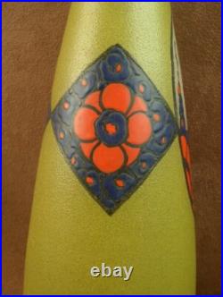 Beau Vase Art Deco En Verre Emaillé Signé Leune