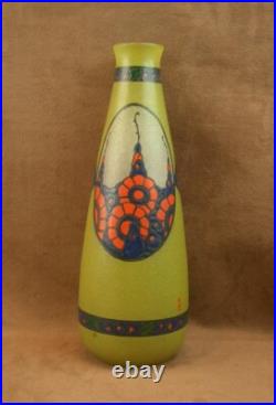 Beau Vase Art Deco En Verre Emaillé Signé Leune