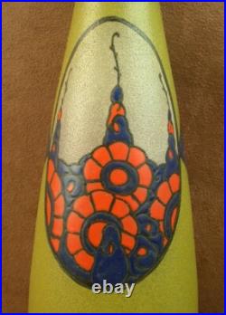 Beau Vase Art Deco En Verre Emaillé Signé Leune