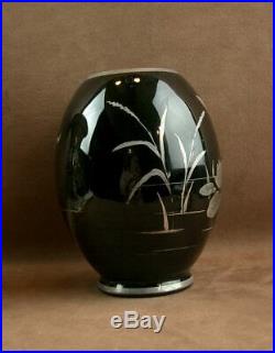 Beau Vase Art Deco Verre Noir Decor Libellule Signe Hem Michel Hermann