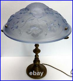 Belle LAMPE CHAMPIGNON pied laiton coupelle verre bleu style art déco