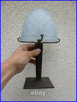 Belle Lampe Art Deco Fer Forge Obu Verre Depoli Vers 1930 Muller Noverdy Degue