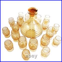 Carafe et 20 Verres Soufflés Fumés Jaune Art Déco Service Ancien CIrca 1940