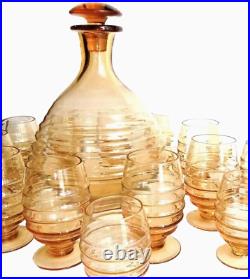 Carafe et 20 Verres Soufflés Fumés Jaune Art Déco Service Ancien CIrca 1940