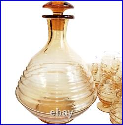 Carafe et 20 Verres Soufflés Fumés Jaune Art Déco Service Ancien CIrca 1940
