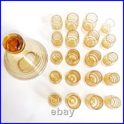 Carafe et 20 Verres Soufflés Fumés Jaune Art Déco Service Ancien CIrca 1940