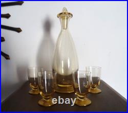 Carafe et 4 verres à vin en cristal DAUM Nancy ART DECO pieds dorés, RARE