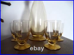 Carafe et 4 verres à vin en cristal DAUM Nancy ART DECO pieds dorés, RARE