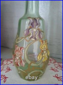 Carafe verre émaillé Legras décor d'iris art nouveau art déco avec son bouchon