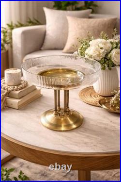 Centre de table Art Déco ancien Coupe en verre sur pied en laiton à 4 colonnes