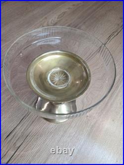 Centre de table Art Déco ancien Coupe en verre sur pied en laiton à 4 colonnes