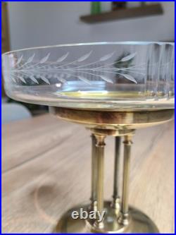 Centre de table Art Déco ancien Coupe en verre sur pied en laiton à 4 colonnes