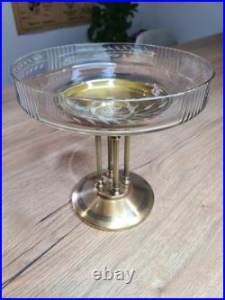 Centre de table Art Déco ancien Coupe en verre sur pied en laiton à 4 colonnes