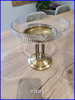 Centre de table Art Déco ancien Coupe en verre sur pied en laiton à 4 colonnes